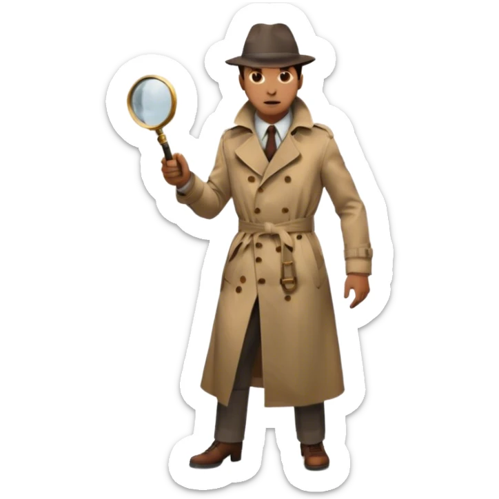 Icon for Detective Movie: A vintage movie poster-style design of a mysterious detective in a trench coat, holding a magnifying glass. Include dark alleyways, fog, and shadowy figures. The design should evoke a classic noir detective story with retro cinematic typography. Transparent background. sticker