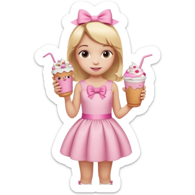 A little girl with a Dunkin' milkshake and a donut with pink frosting and marshmallows, wearing a pink coquette-style dress with bows and blonde hair. sticker