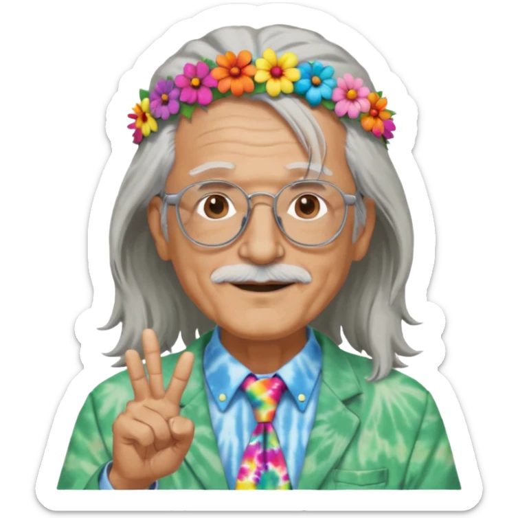 elderly man with long grey hair, glasses, peace sign necklace, tie-dye clothing, flower crown sticker