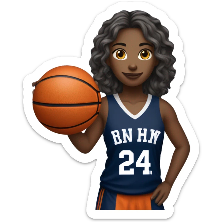  wavy soft hair female player wearing navy blue basketball jersey that has the number 24 & holding a basketball sticker