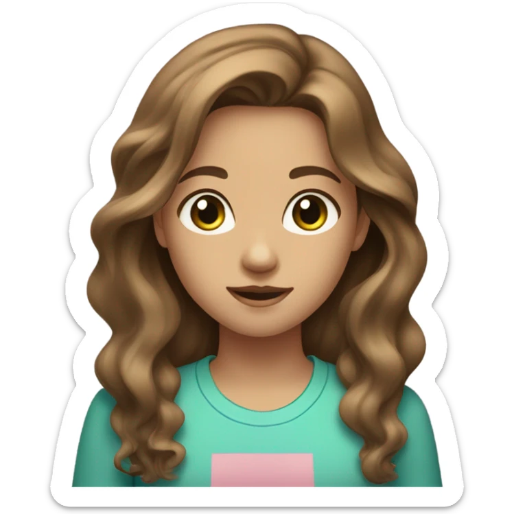 Girl with long brown wavy 2B texture hair, Blue/green eyes, a light tan and a pink shirt very beautiful  sticker