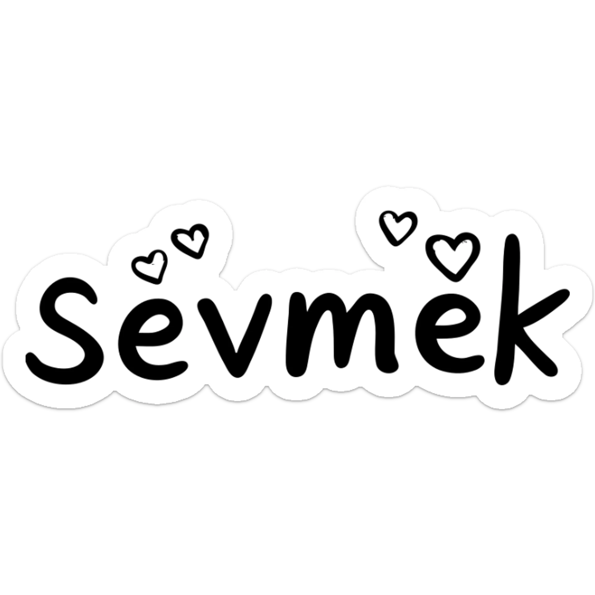 A hand-drawn style icon featuring the word "Sevmek" with love symbols like hearts sticker