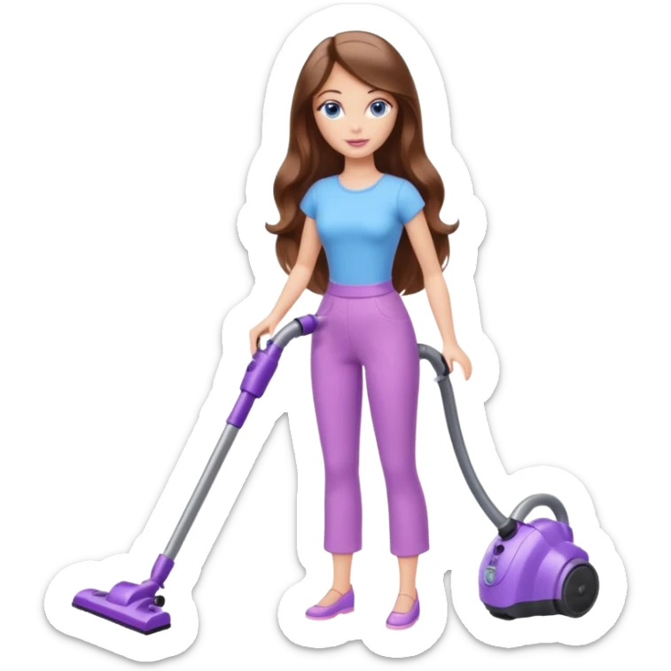 beautiful barbie girl with long brown hair, blue eyes and wearing light purple clothes, cleaning and vacuuming sticker