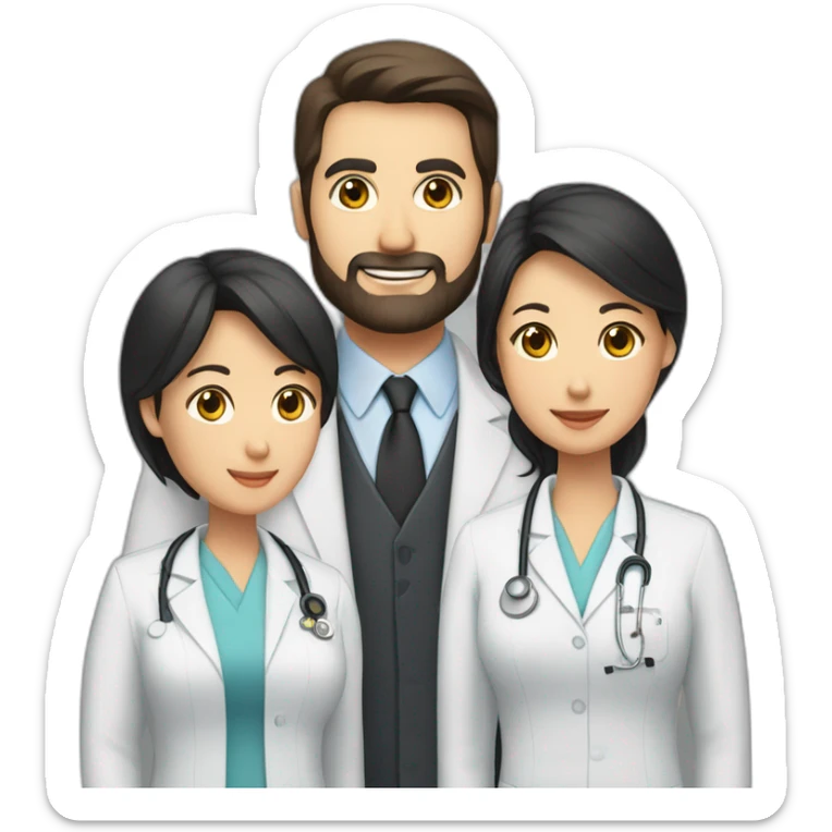 husband middle aged american with dark brown hair and trimmed beard wearing a business suit holding a bible, wife middle aged asian with black shoulder length hair wearing a nurse uniform sticker