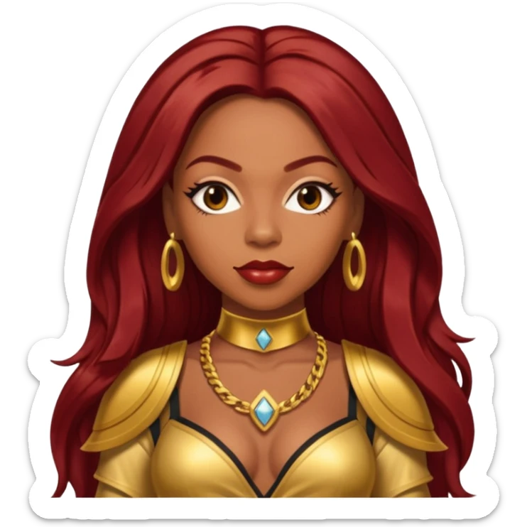 LaTavia Robeson from Destiny's Child with dark red long hair, gold outfit sticker