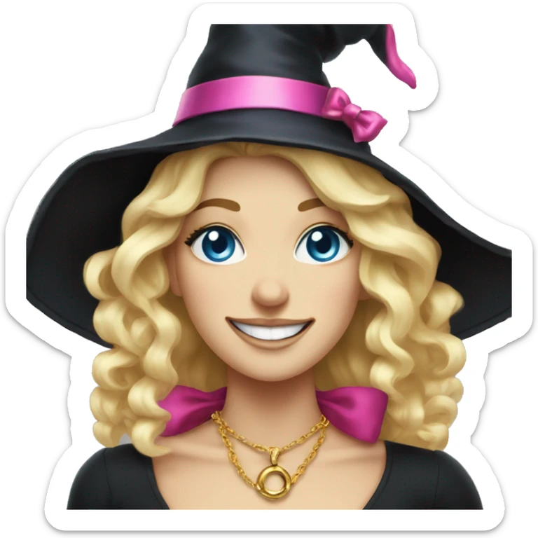 Blonde blue eyed witch smiling, wearing a gold necklace and a black witch hat with a pink bow sticker