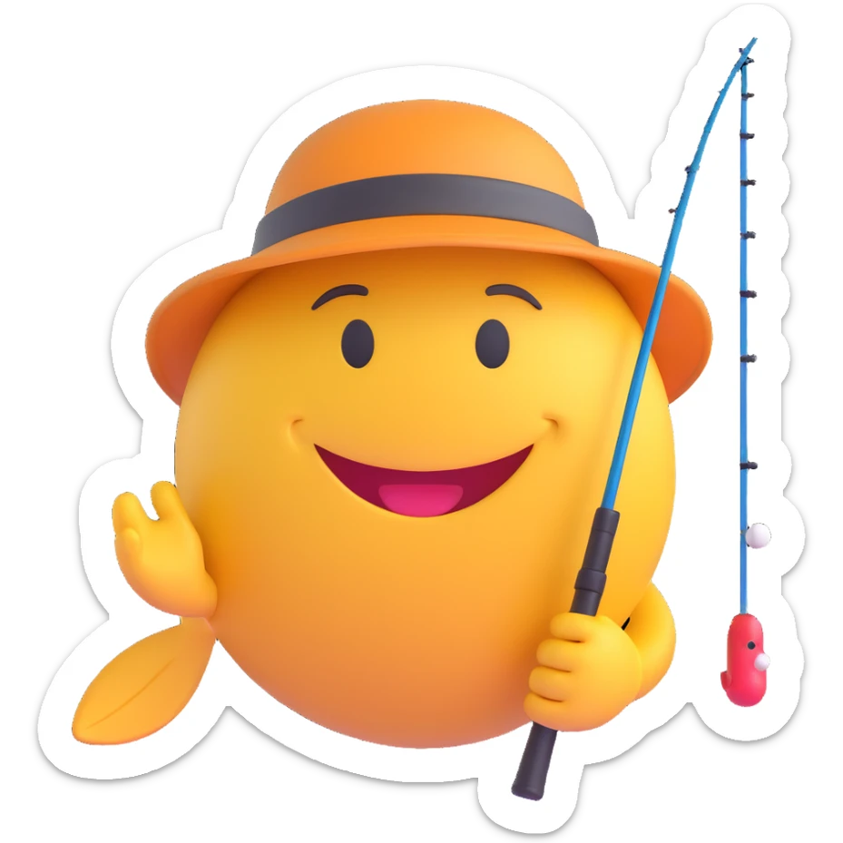 3D smiley emoji, round shape, fishing hat with fishing rod, smiling face sticker