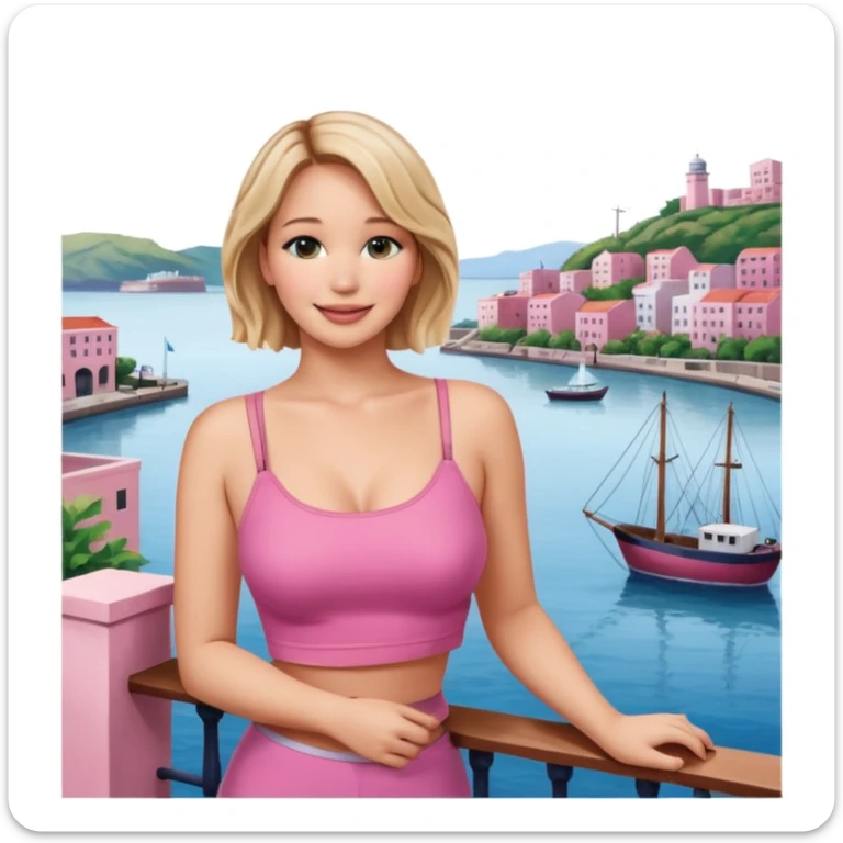 jennifer lawrence, pink crop top leaning on a balcony with a harbor and cityscape in the background, smiling sticker