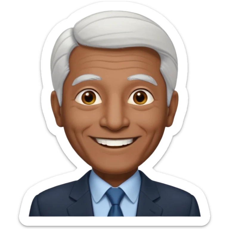 70 yr old man, thin white hair, pakistani, business suit, big smile, dark skin, no facial hair
 sticker