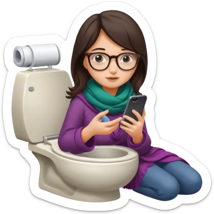 Fille châtain foncé avec lunettes. Elle porte une grosse écharpe. Elle est dans une cuvette de toilette. Téléphone en main sticker