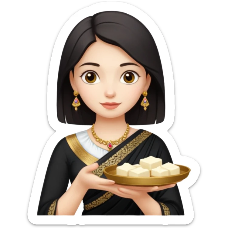 Russian girl in Indian black saree with full image from head to leg and holding a cream colour small tray in her both hands sticker