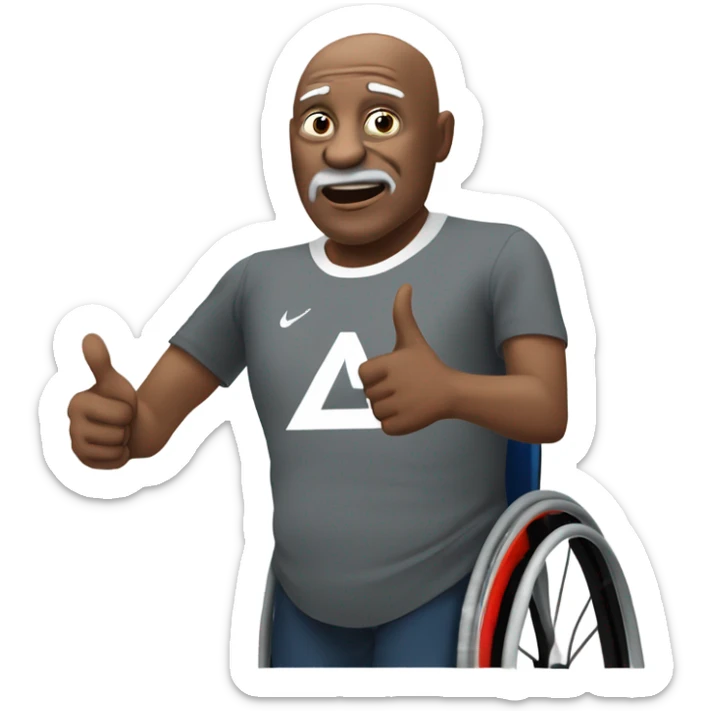 old black bald man with a round pot belly in wheelchair. angry face. grey stubble. he is pointing finger in front. wearing Arsenal soccer shirt. saying word bubble sticker