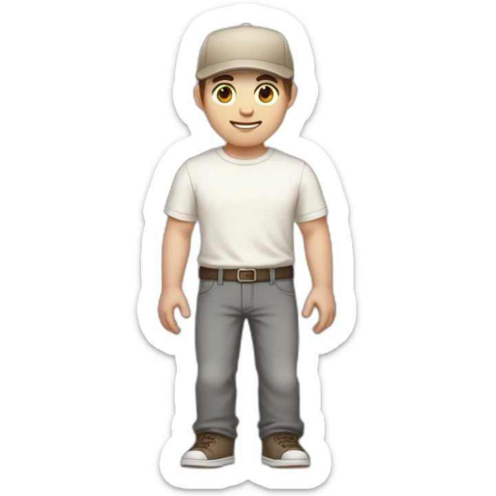 Pale skinned fit Man with dark brown hair in a beige cap, gray jeans, brown polo and white T-shirt keeping a pasted with tape white box into his hands sticker