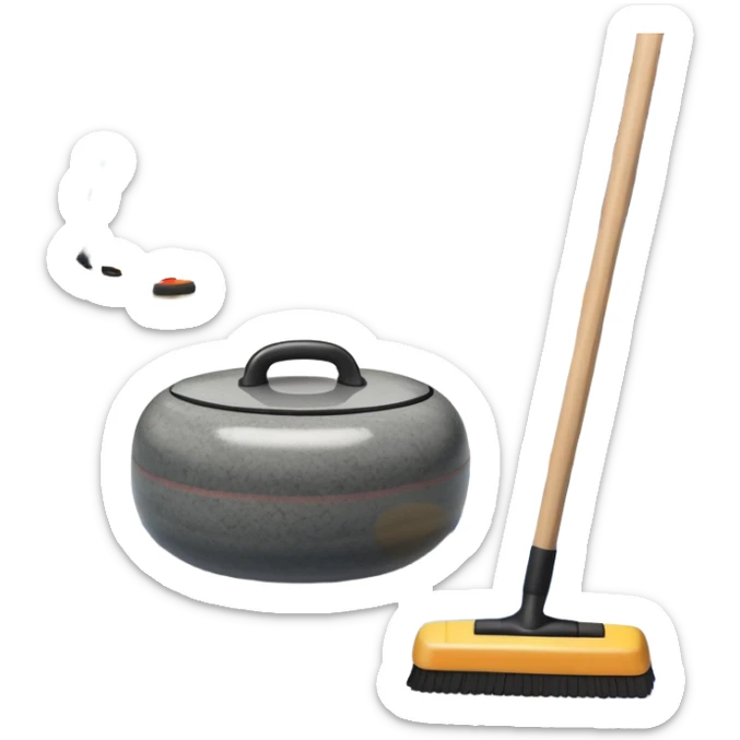 An icon showing a detailed close-up of a curling stone sliding across the ice, with a broom in motion beside it. The background features an indoor stadium with cheering spectators on the stands. Transparent background captures the strategy and focus of curling. sticker