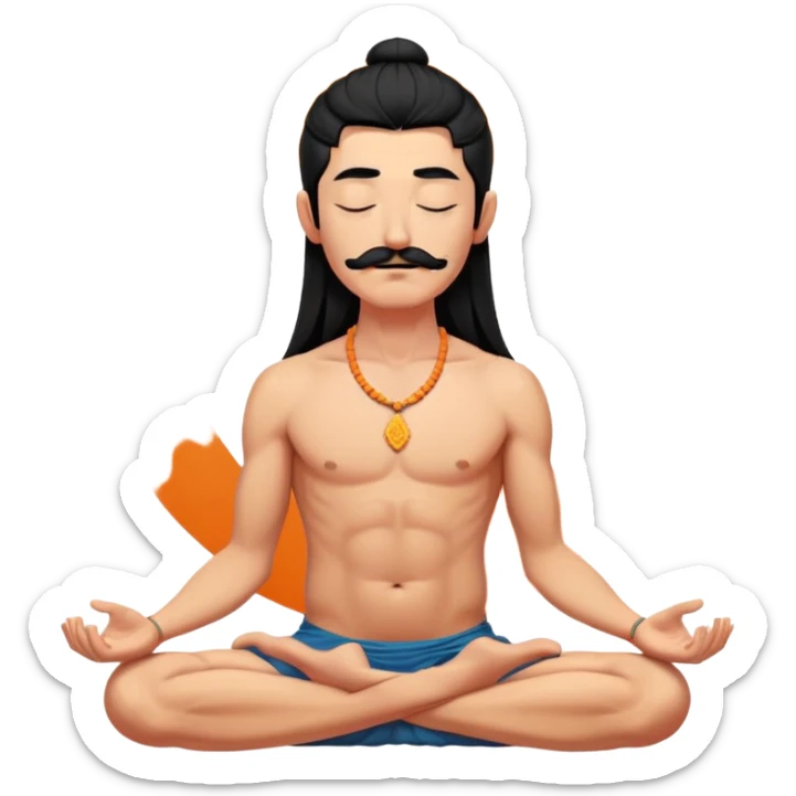 Black hair cossack with bold head, wery long mustache, long lock of hair sprouting from the top or the front of an otherwise closely shaven head, with no without jewelry, meditating bare torso with closed eyes in lotus pose in orange sharovary sticker