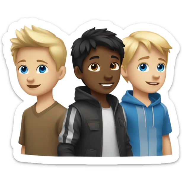 Black hair Pale skin boy, blond hair pale skin boy and a one golden Husky with blue eyes sticker