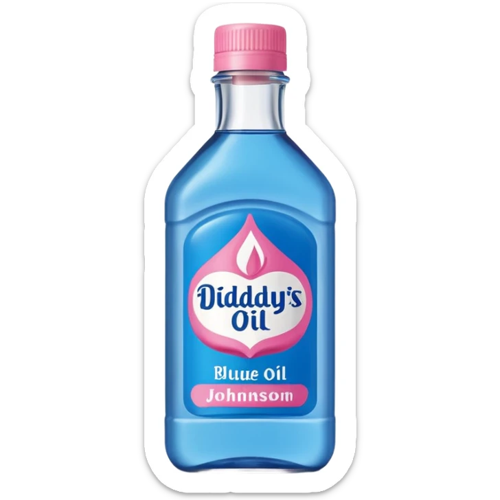 bottle of oil blue top pink outside with logo that says Diddys Oil Johnson and Johnson bottle  sticker