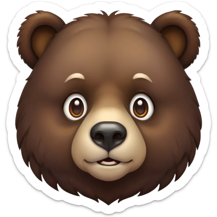 Cinematic Noble Bear Portrait Emoji, Poised and regal, with a large, imposing build and a thick, well-groomed rich dark brown fur, deep-set soulful eyes, Simplified yet sharp and sophisticated features, highly detailed, glowing with a soft, dignified glow, high shine, intelligent and formidable, stylized with an air of wild majesty, focused and attentive, soft glowing outline, capturing the essence of a watchful and commanding guardian, so majestic it feels as though it could lumber out of the screen with effortless authority! sticker