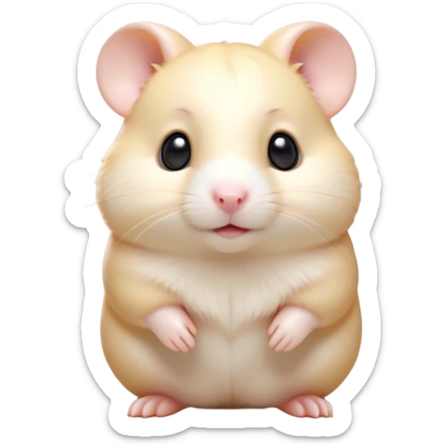 Cinematic Cute Cream Hamster Portrait Emoji, Head tilted playfully and inquisitively, featuring a silky, pristine cream coat with a gentle sheen, round, sparkling dark eyes filled with curiosity, Simplified yet irresistibly adorable features, highly detailed, glowing with a warm, friendly glow, high shine, affectionate and lively, stylized with a touch of whimsy, bright and endearing, soft glowing outline, capturing the essence of a mischievous yet loving hamster, so playful it feels like it could dash out of the screen and into your arms! sticker