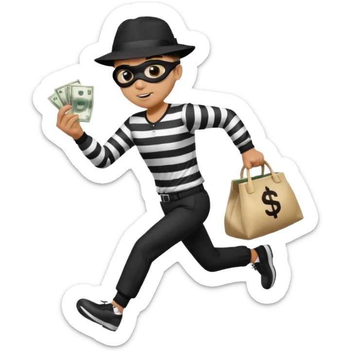 Make a man wear a black pant and he shirt is balck line and white line and wear a black hat and he holding a money bag and he running he wear a black eye thing sticker