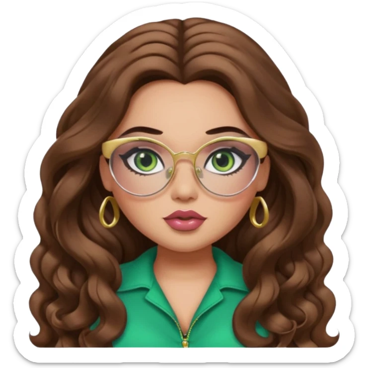  long brown wavy hair, light skin, green eyes, pretty bratz baddie, big plus size , black eyeliner, blush, gold glasses  sticker