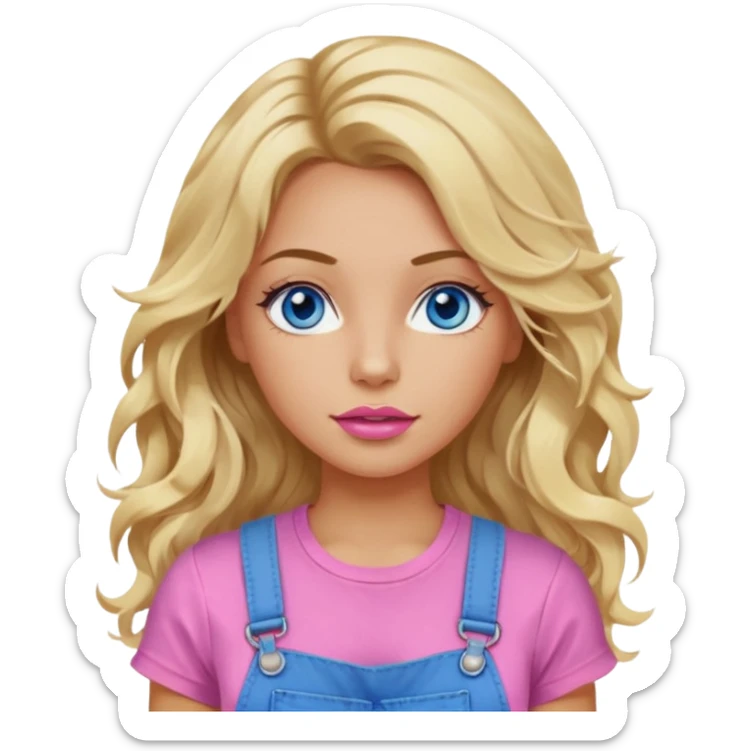 create an emoji of a woman. She has wrinkles, with long blonde messy but wavy hair, blue eyes, tanned skin, pink lips. she wears a white top with an overall sticker