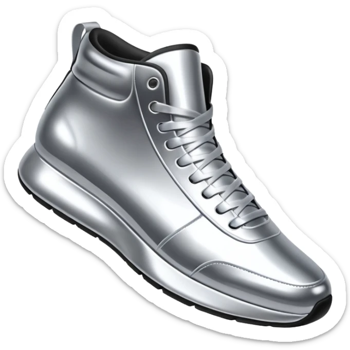 A pair of futuristic sneakers emoji made of silver chrome, sleek streetwear design, smooth metallic panels, subtle reflections, luxury swag aesthetic, iOS emoji style, centered, clean white background sticker
