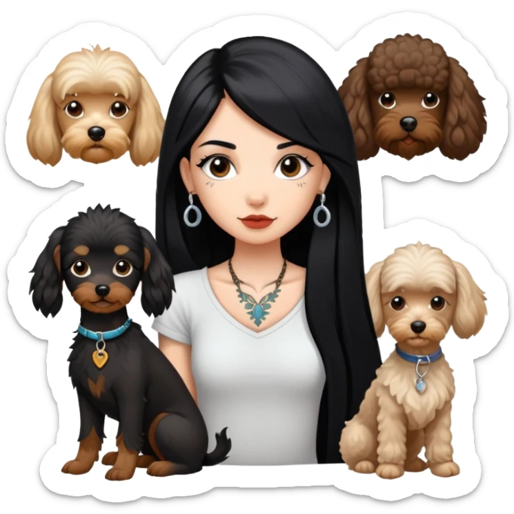 girl with long black  straight hair and tattoos and a  white Yorkshire and a brown poodle sticker