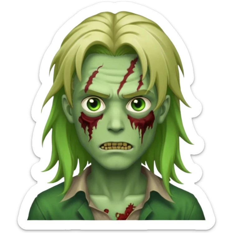 handsome male zombie with green skin, dirty blonde long flowing anime hair, bright green eyes, slight smirk, iOS emoji style sticker