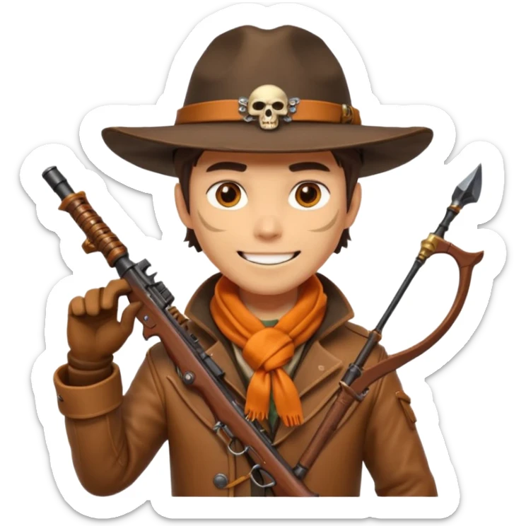 male human monster hunter emoji, wearing brown leather coat and wide hat, holding crossbow or rifle, with amulet shaped like skull, Halloween fantasy theme, confident smile, orange scarf, Apple emoji style, clean white background, square image sticker