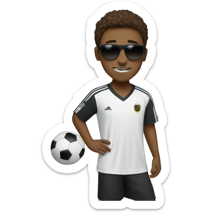 boy with brown hair and brown eyes and brown skin playing soccer with dark sunglasses on and a white jersey  sticker