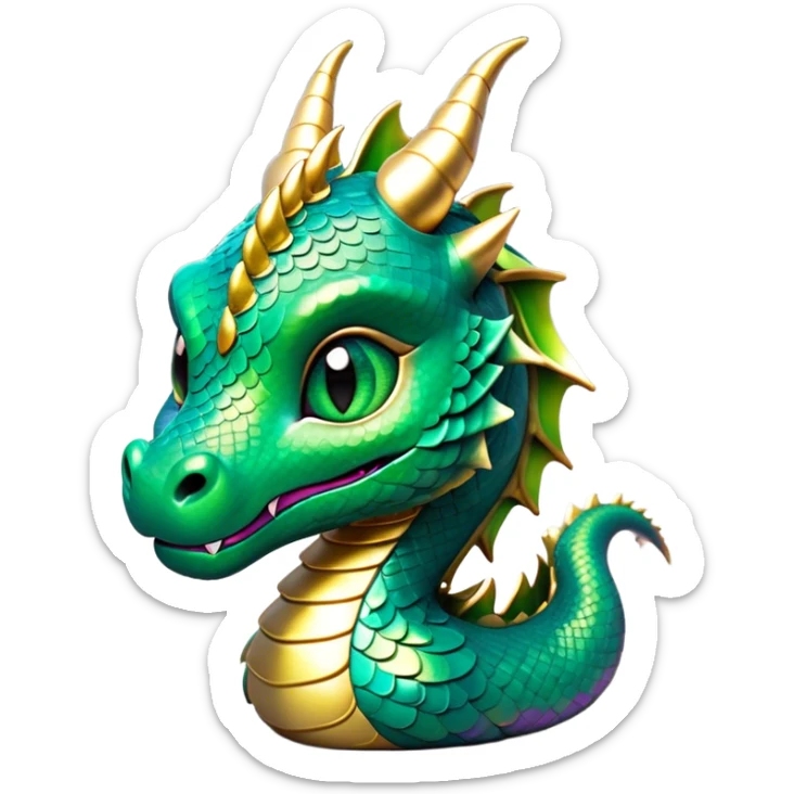 Cinematic Cute Dragon Portrait Emoji, Head tilted playfully and inquisitively, featuring a sleek, serpentine form adorned with iridescent scales that shift between emerald and gold, a delicate set of subtle horns, and round, sparkling eyes full of curious magic; rendered with realistic detail and warm natural light, high shine, affectionate and enchanting, styled with a touch of whimsical fantasy, soft glowing outline, capturing the essence of a mischievous yet lovable dragon that seems poised to slither playfully into your arms! sticker