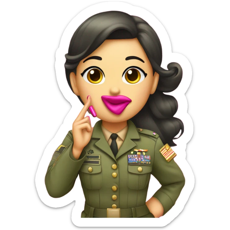 girl in army uniform with lipstick with girly pink bow and glitter saluting emoji sticker
