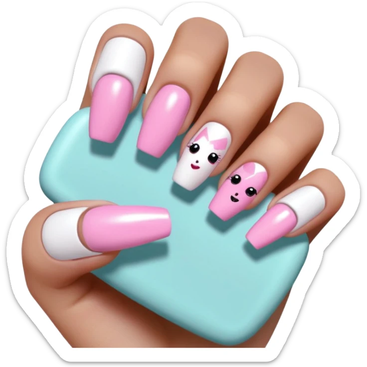 kawaii style baddie TikTok Bratz Y2K acrylic nails, 3D glossy, outlined, sticker-like, pastel pinks, neon accents, white or transparent background, 512x512px sticker