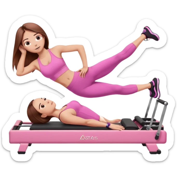 one girl doing a plank on a pilates reformer in a pink workout set with long brown hair sticker
