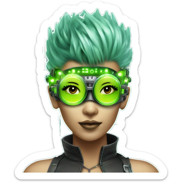 Neon green Mohawk hair Asian female cyborg head with silver steampunk goggles and circuits sticker