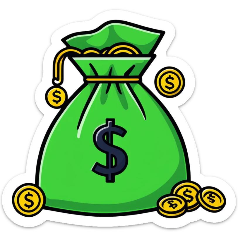 cartoonish sticker of a money bag with gold coins sticker