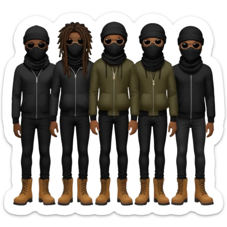Group of African American men with dreadlocks wearing black ski masks covering their face wearing black skinny jeans and black timberland boots sticker
