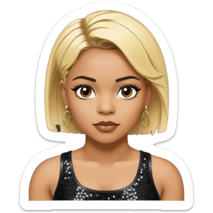 T Boz from TLC with short blonde hair, black sequin crop top, black earring sticker