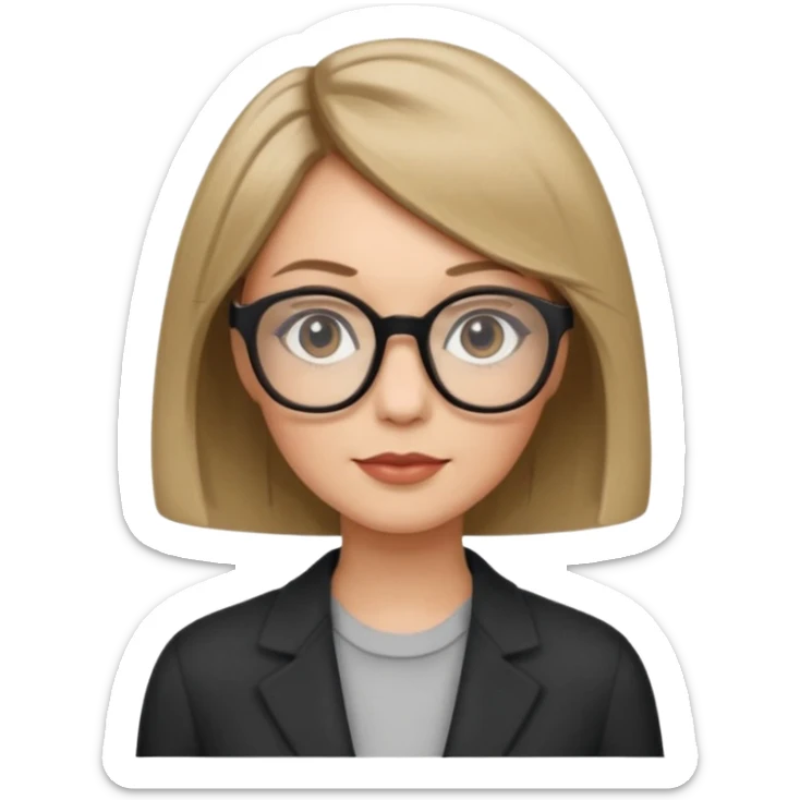 woman dark blonde petite bob haircut wears dark squarish glasses, classic clothes sticker