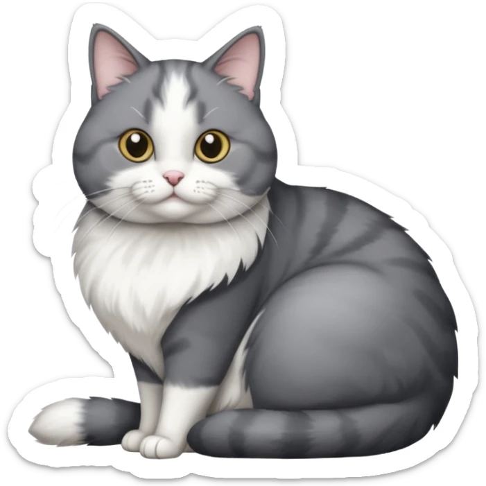 Gray and white tuxedo cat that is fat with white on top of tail and white on nose sticker
