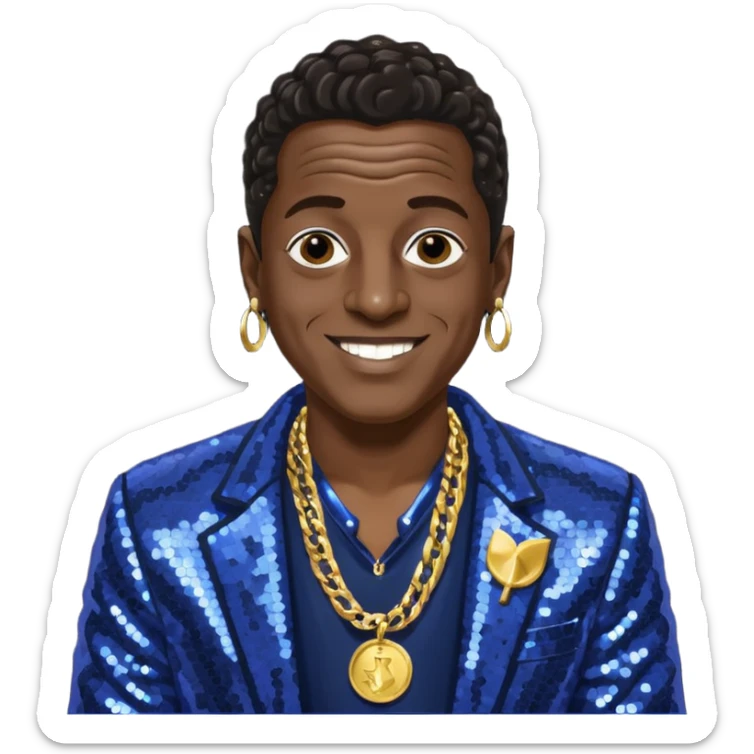Flavor Flav with dark brown hair, indigo sequin jacket, shirtless with necklace sticker