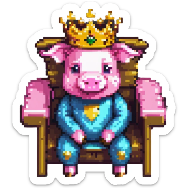 cartoon-like pixel art pig with a golden crown sitting on a throne, blocky and square like Minecraft, playful and expressive sticker
