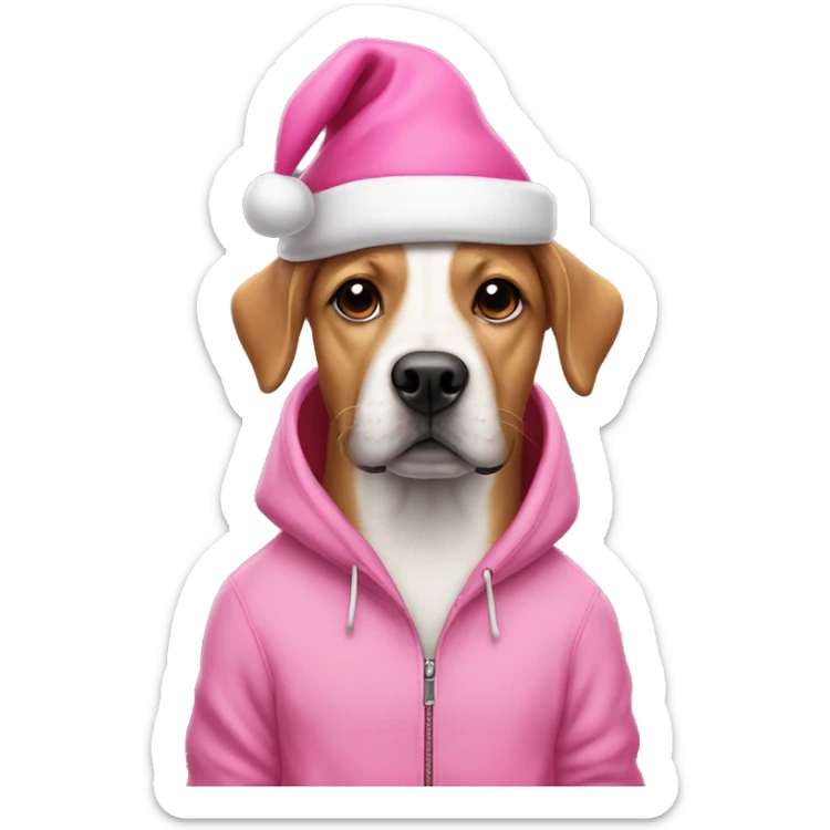 Dog wearing a pink hoodie and a pink Santa hat sticker
