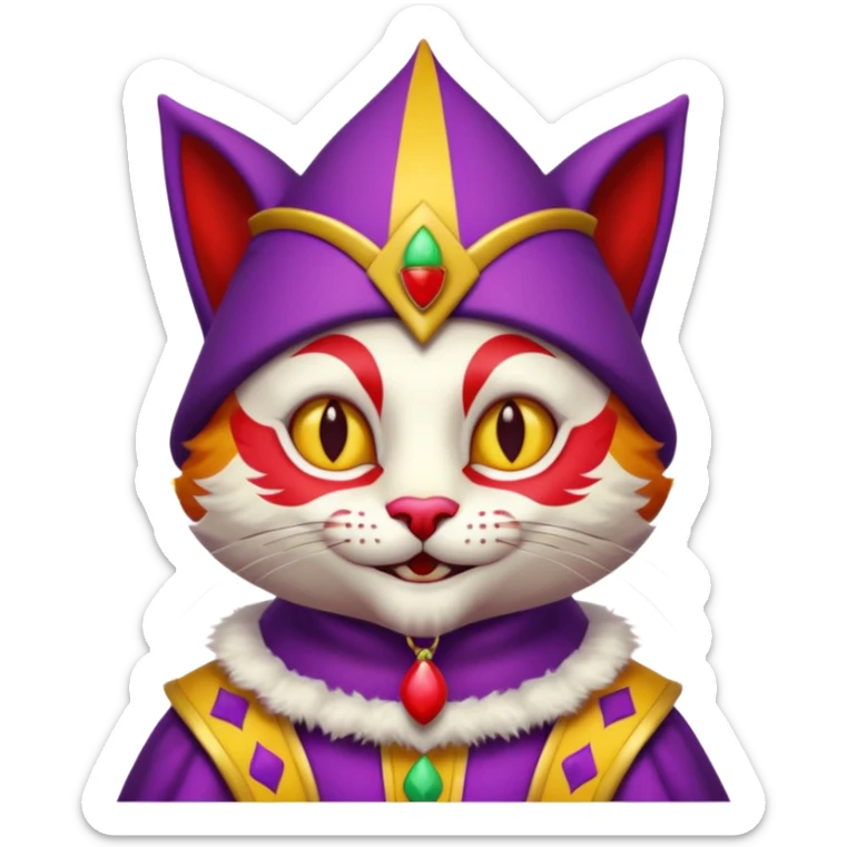 crazy colorful cute little cat jolly joker from poker, medieval, vintage, court jester, mac os icon, purple, yellow and red color, half body sticker