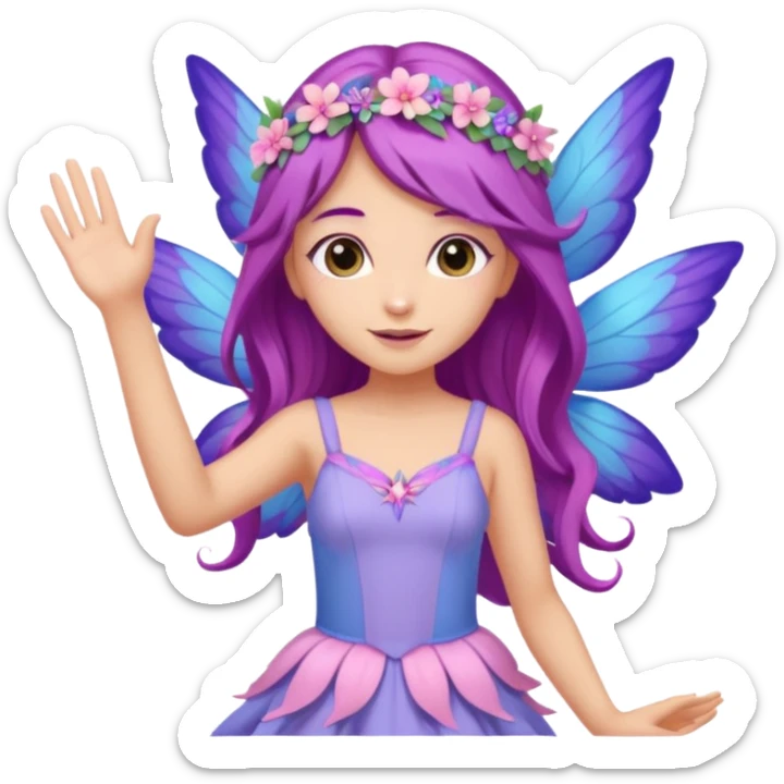 Tan female fairy, long  purple hair, flowers on head,  pastel pink blue and purple wings, wearing a, pastel pink dress, Waving with one hand sticker
