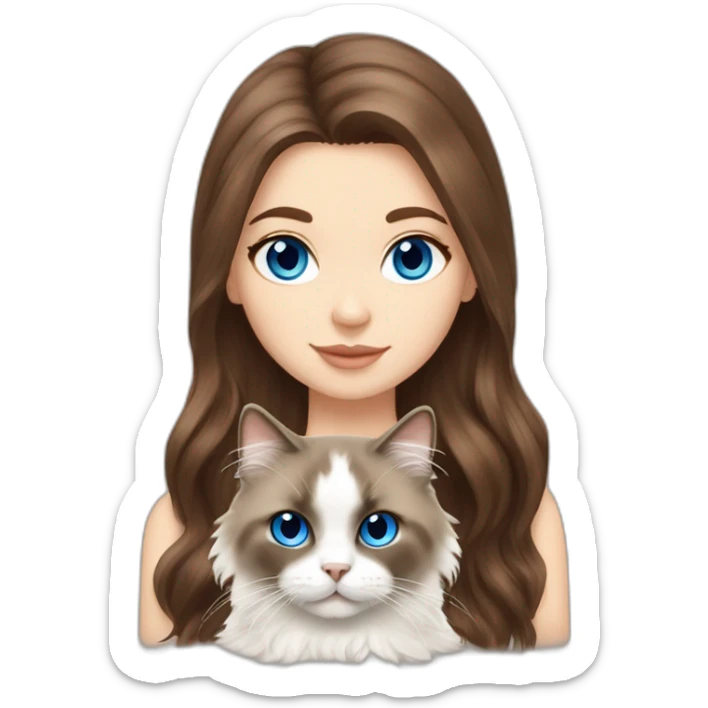 white girl brown hair girl with blue eyes with a brown and white seal fluffy ragdoll cat  sticker