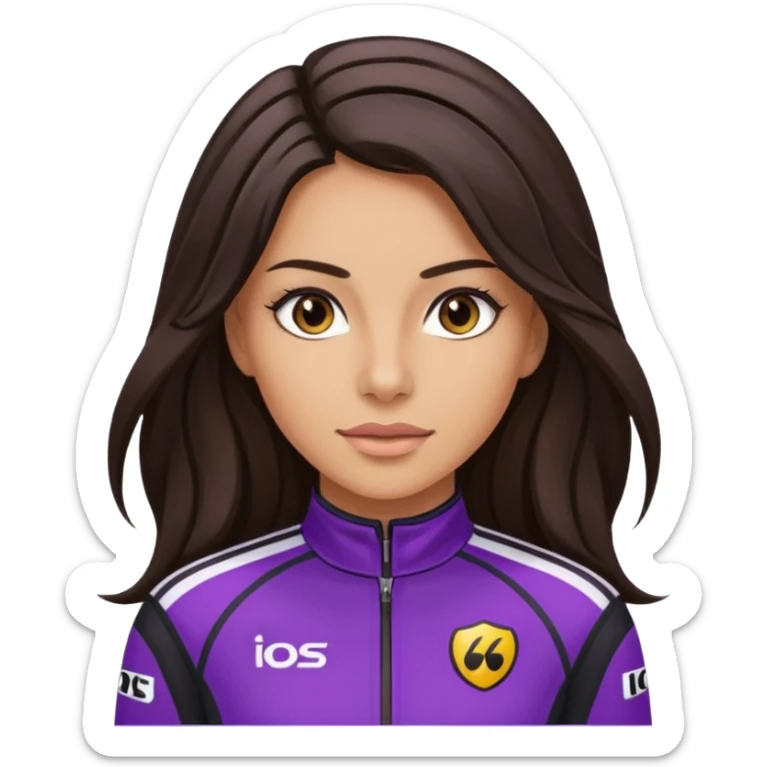 brunette long hair woman with black racing outfit with purple strips sticker