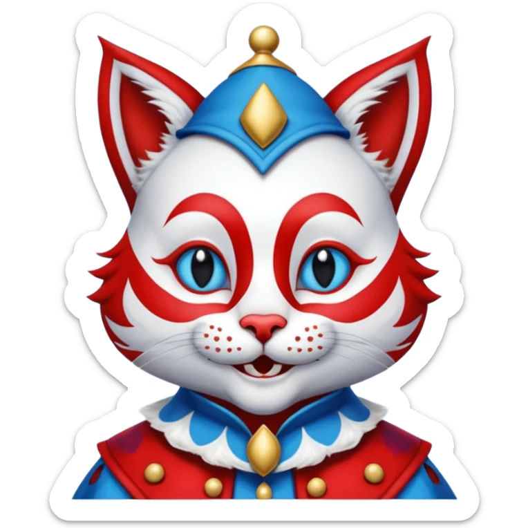 crazy colorful cute little cat jolly joker from poker, medieval, vintage, court jester, mac os icon, blue and red color, half body sticker