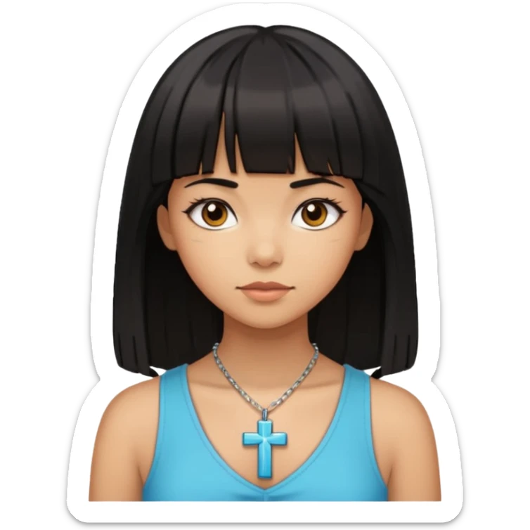 a girl with black straight hair and bangs with a necklace cross sticker